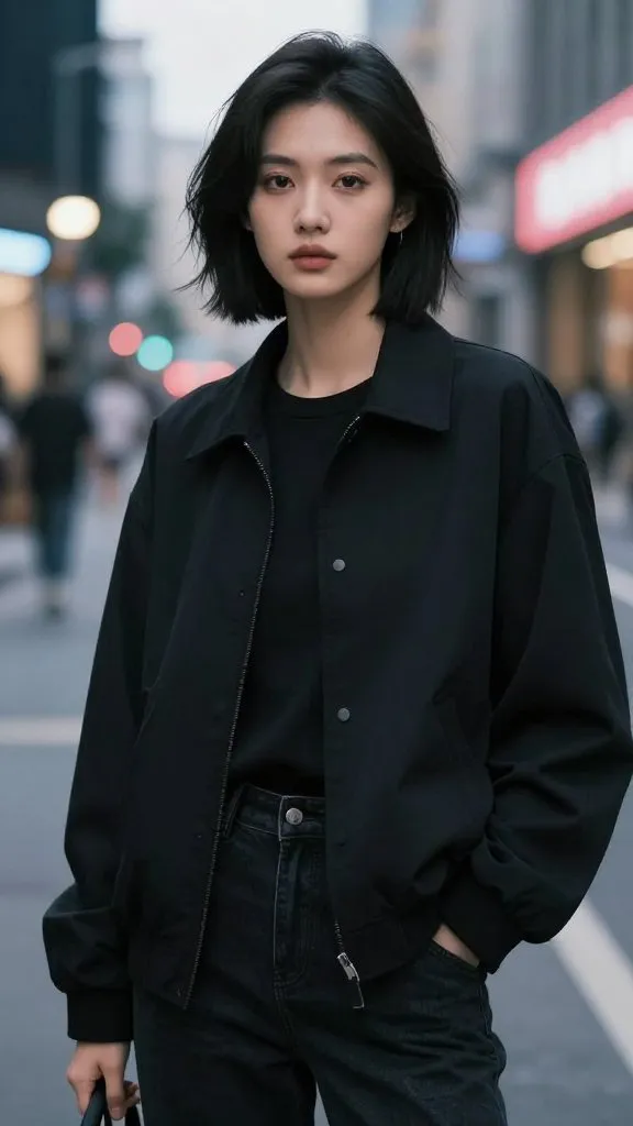 A cool-looking young woman, realistic human, street photography style.
Short black hair with slight texture, sharp eyes, calm and confident expression.
Wearing a minimalist black outfit (oversized jacket, dark jeans), subtle silver accessories.
Standing casually in an urban environment at dusk, neon city lights softly glowing in the background.
Natural skin texture, realistic facial details, no heavy makeup.
Cinematic lighting, shallow depth of field, 35mm photography, high realism, ultra-detailed, professional photo.