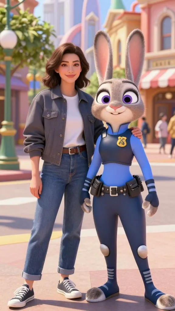 A beautiful realistic human woman taking a friendly photo with Judy Hopps from Zootopia.
The woman has a cool and confident vibe, natural beauty, clean makeup, modern casual outfit (jacket, jeans, sneakers).
Judy Hopps is a cheerful anthropomorphic bunny police officer, blue uniform, expressive eyes, accurate movie design.
They are standing side by side, smiling naturally at the camera, friendly and wholesome atmosphere.
Background: Zootopia city street, colorful buildings, soft daylight.
Style: cinematic, high-quality 3D animation + realistic human blend, Pixar-style lighting, sharp focus.
Highly detailed, professional composition, natural interaction, no exaggeration.