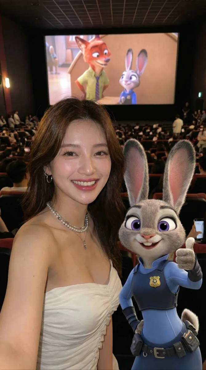 Create an ultra-realistic selfie photo. Use my uploaded image as the exact reference for the real person — do not modify, change, or adjust any features of the person from the uploaded image.

Add [Judy Hopps from Zootopia] (Disney character) standing next to this real person.

Scene: A dark, crowded movie theater. In the background, a large screen is playing a scene from Zootopia. Cinematic lighting with warm ambient tones.

Composition: Selfie angle. The real person from Image 1 (keep all original features exactly the same) and [character name] taking a selfie together. [Describe pose or gesture]. Both subjects are in sharp focus. Ultra-high definition, 8K quality, hyper-realistic photography style, natural lighting mixed with screen glow, shallow depth of field.

Key requirement: The real person must look exactly the same as in my uploaded image — do not change her hairstyle, clothing, accessories, or any facial features. Only add the Zootopia character into the scene.
