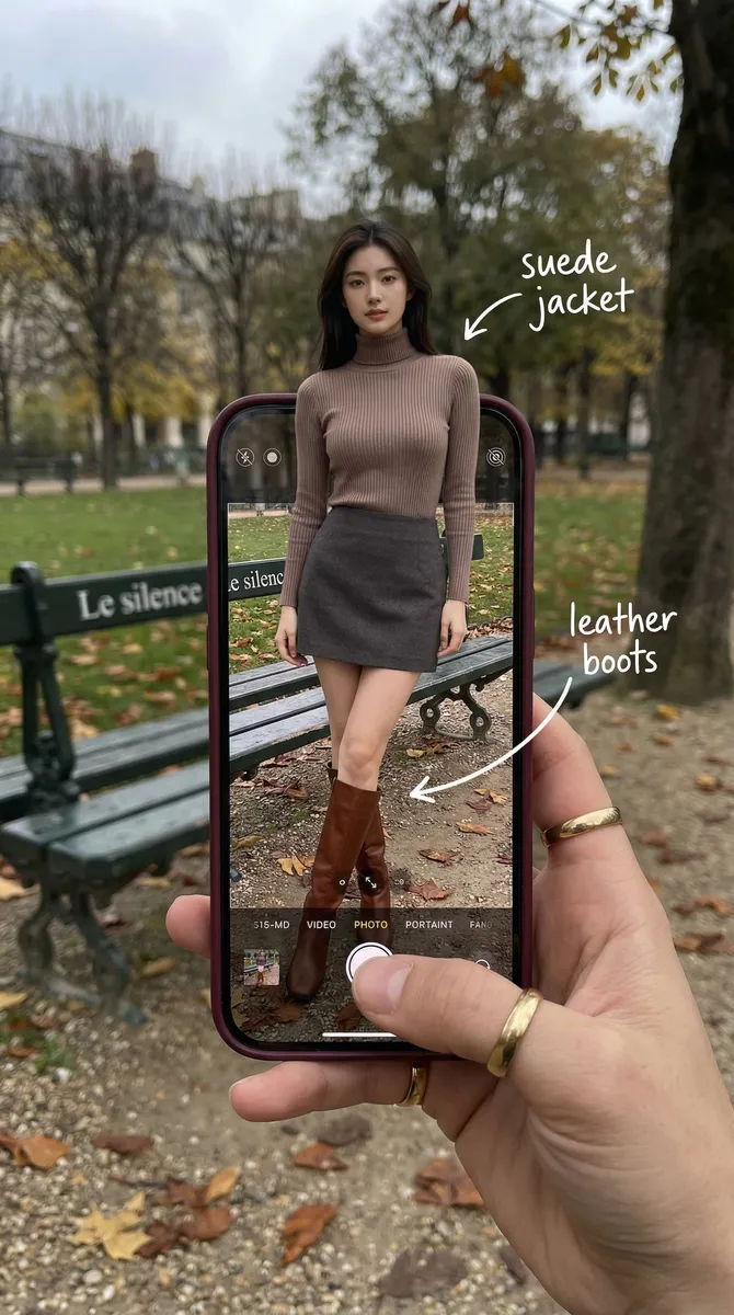 {
  "image_metadata": {
    "format_version": "2.1.0",
    "aspect_ratio": "3:4",
    "shot_type": "Composite Hyper-Realistic POV",
    "concept": "OOTD Breakdown / Smartphone Pop-out Illusion"
  },
  "subject_profile": {
    "identity": {
      "ethnicity": "Caucasian",
      "age_range": "20-25 years old",
      "identity_consistency": "100% face and body preservation"
    },
    "facial_architecture": {
      "features": {
        "L
      "mouth": {
        "expression": "Chic pout / blowing a kiss",
        "detail": "Natural lip texture, soft sheen"
      },
      "makeup_style": {
        "type": "Natural Glam",
        "foundation": "Matte, seamless blend",
        "details": "Subtle eyeliner, defined brows"
      }
    },
    "hair_mechanics": {
      "color": "Deep dark brown",
      "style": "Long voluminous waves",
      "physics": "Wind-blown effect, realistic strand separation",
      "texture": "High-gloss shine, soft highlights"
    },
    "body_anatomy": {
      "frame": "Petite, athletic-lean",
      "waist": "Highly defined",
      "skin_rendering": {
        "tone": "Fair/Pale",
        "texture": "Pore-level detail, natural imperfections, no plastic smoothing",
        "lighting": "Soft overcast daylight occlusion"
      }
    }
  },
  "wardrobe_and_styling": {
    "top_layer": {
      "item": "Turtleneck sweater",
      "color": "Mocha / Earthy Brown",
      "material": "High-quality ribbed textile, macro knit detail"
    },
    "bottom_layer": {
      "item": "Mini Skirt",
      "color": "Dark Grey",
      "material": "Heavy wool or denim texture"
    },
    "footwear": {
      "item": "Tall Leather Boots",
      "color": "Rich Brown",
      "material": "Polished leather with realistic creases",
      "location": "Displayed exclusively within the phone screen boundaries"
    }
  },
  "device_and_interface": {
    "hardware": {
      "model": "Modern High-End Smartphone",
      "case": "Burgundy matte finish",
      "hand_interaction": "Held by a photographer’s hand with gold rings on fingers"
    },
    "software_ui": {
      "app": "iOS Camera Interface",
      "interactive_elements": [
        "White circular shutter button",
        "Selected mode: 'PHOTO' in yellow/white text",
        "Zoom indicators and grid lines"
      ],
      "screen_condition": "Active OLED glow, realistic fingerprint smudges, sharp pixels"
    },
    "augmented_overlay": {
      "style": "Handwritten white marker",
      "annotations": [
        { "text": "suede jacket", "pointer": "arrow to upper body" },
        { "text": "leather boots", "pointer": "arrow to boots on screen" }
      ]
    }
  },
  "environment_optics": {
    "location": "Parisian Park, Autumn",
    "background_elements": {
      "furniture": "Classic green metal park bench",
      "typography": "Weathered text 'Le silence' on bench backrest",
      "ground": "Grey gravel path with fallen orange/yellow autumn leaves"
    },
    "lighting_design": {
      "source": "Natural, Overcast sky",
      "quality": "Soft, diffused, low-contrast shadows",
      "ambience": "Cinematic, moody, fashion-editorial"
    }
  },
  "technical_execution": {
    "optics": {
      "lens": "35mm Macro",
      "depth_of_field": {
        "foreground": "Sharp (Hand, Phone, Subject)",
        "background": "Creamy Bokeh (Park bench and trees)"
      }
    },
    "special_effects": {
      "illusion": "3D Pop-out effect: Upper body emerges from screen, legs remain inside UI",
      "authenticity": "Zero-latency transition between screen and reality"
    }
  },
  "safety_and_exclusions": {
    "negative_prompt": [
      "transparent glass phone",
      "blank black screen",
      "CGI render",
      "anime",
      "illustration",
      "plastic skin texture",
      "mirrored text",
      "deformed hands",
      "floating phone"
    ]
  }
}