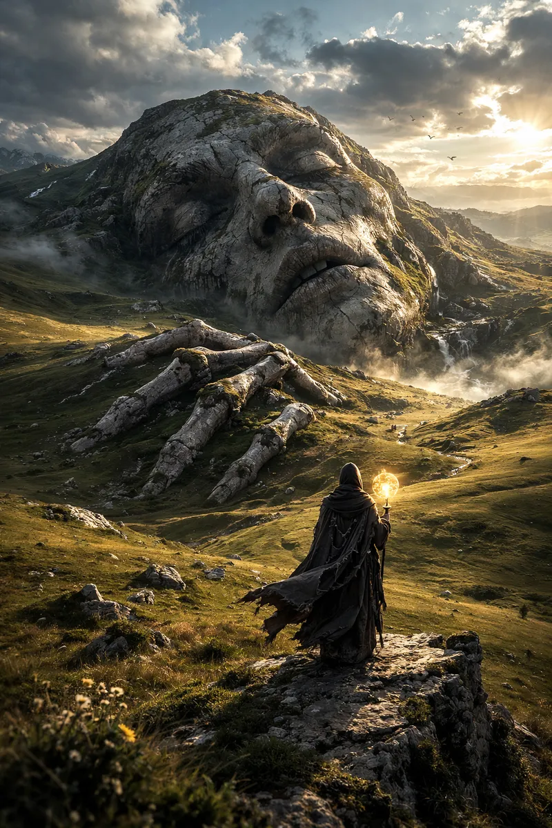 A lone hooded wizard stands at the edge of a vast rolling meadow beneath a cold blue sky, holding a small glowing orb at chest height. In the distance, the hills rise into the shape of an enormous sleeping stone face half-buried in the earth, its closed eyes spanning entire valleys, cracked lips forming cliff walls, its nose eroded into a mountain ridge. Thin skeletal fingers emerge from the terrain like fossilized spires. The wizard appears impossibly small, robe fluttering gently in the wind. Harsh natural sunlight casts long shadows across the grass, revealing subtle bone textures embedded in the landscape. Hyper-realistic cinematic photography, dreamlike stillness, uncanny primordial scale, dark fantasy dreamcore, analog film grain, desaturated greens and bone whites, wide-angle composition, existential awe --ar 2:3