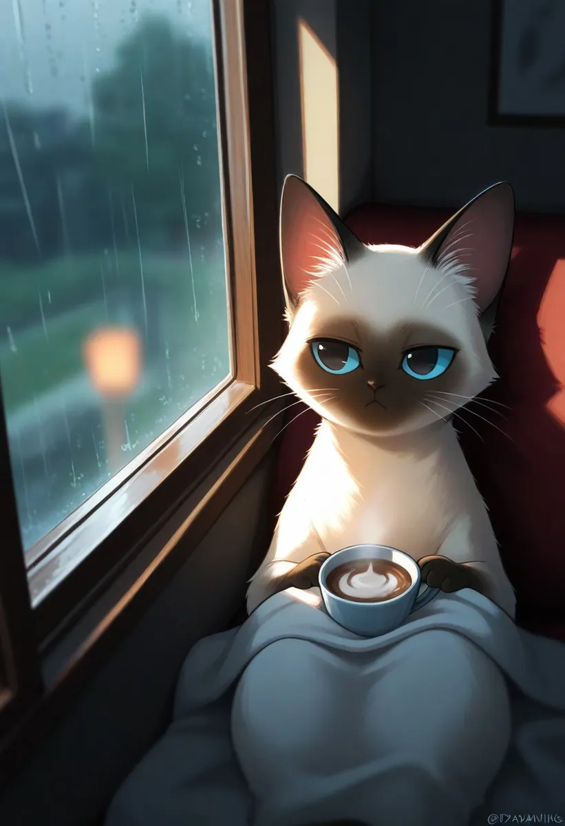 "(masterpiece, best quality, high quality, highres), very awa, highres, absurdres, 
(fuamusea:0.9), (conditional_dnp:0.5), 
(no humans:1.1), (cute:1.2), comfy, solo, cozy, 
(Siamese cat:1.1), 
watching rain, window seat, hot cocoa, blanket, quiet room, distant thunder, relaxed, daydreaming, 
depth of field, cinematic, beautiful background, "