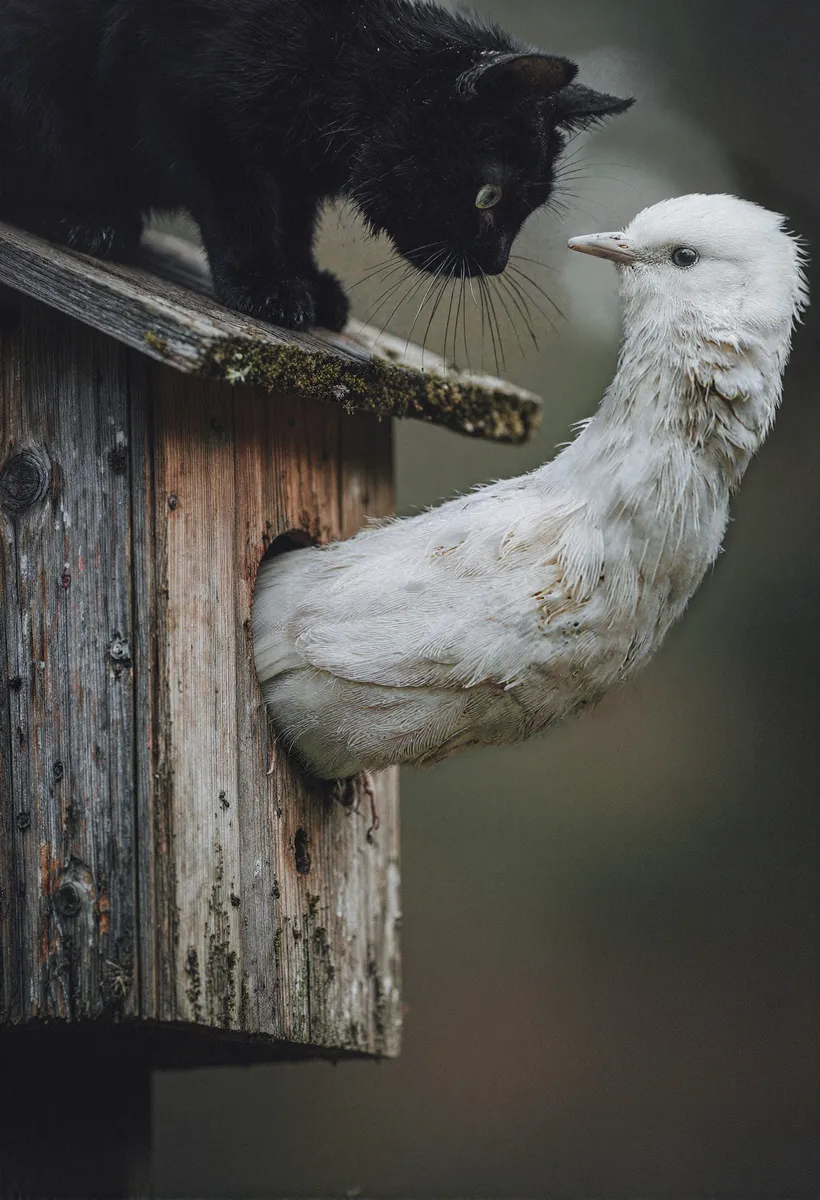 zidiusArt, black cat is looking in shock at deformed and elongated white bird looking at it. Cat is atop of birdhouse. Cat is clearly horrified and shocked, with eyes wide open and mouth slightly open as well. Bird has extremely long neck. Cat is looking at bird