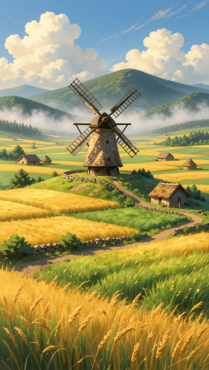 Epic foreground-to-background composition: an old weathered windmill atop a windswept rural hill, looking down across endless patchwork fields of golden wheat and green barley swaying in the breeze, clusters of rustic farmsteads with thatched roofs and haystacks tucked into small valleys, dirt roads meandering between low stone walls and wild hedgerows, distant foggy woodland hills rising dramatically under a vast sky filled with soft clouds, immense depth and heroic rural grandeur, classic anime landscape painting vibe, thick impasto-like painterly strokes fused with radiant digital painting, nostalgic majestic mood, warm afternoon sunlight