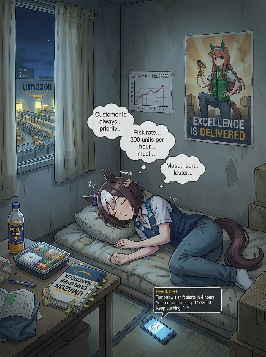 Hello! I want to create a series of pictures with a common world of Umazon - crossover between harsh corporative world of our Amazon and the world of Umamusume! Use the style from provided images. On first image is Special Week's first day at work. On second - Tokai Teyo showing her extreem barcode reading skills. Now, i want to make another picture - about apartment provided to workers of Umazon. Now - In the oppressive silence of her 8-square-meter micro-apartment, Special Week lies curled on a threadbare futon, still wearing half her Umazon uniform, smiling at night. She murmurs in her sleep, brow furrowed, fingers twitching like she's still scanning packages. "Customer is always... priority... pick rate... 300 units per hour..." The corporate mantras drilled during orientation loop through her unconscious mind like corrupted lullabies. Her horse ears twitch with each mumbled phrase, responding even in rest. The room tells the story: a small desk holds an uneaten convenience store bento (cold now), a half-empty bottle of energy drink branded "Worker's Soul," and a dog-eared employee handbook highlighted to death. On the wall, a hand-drawn chart tracks her weekly KPI progress (growing, but far too away from her goal) next to a faded poster of Silent Suzuka (in her green vest, the best Umazon worker, with golden barcode reader in her hand in heroic pose on a pile of boxes) with the slogan "EXCELLENCE IS DELIVERED." Through the thin curtains, the Umazon warehouse looms across the street, its lights never off, conveyor belts humming a constant mechanical heartbeat that has become her only comfort. Her phone buzzes on the floor—a notification she won't see until morning: "REMINDER: Tomorrow's shift starts in 4 hours. Your current ranking: 147/2000. Keep pushing! ^_^"
