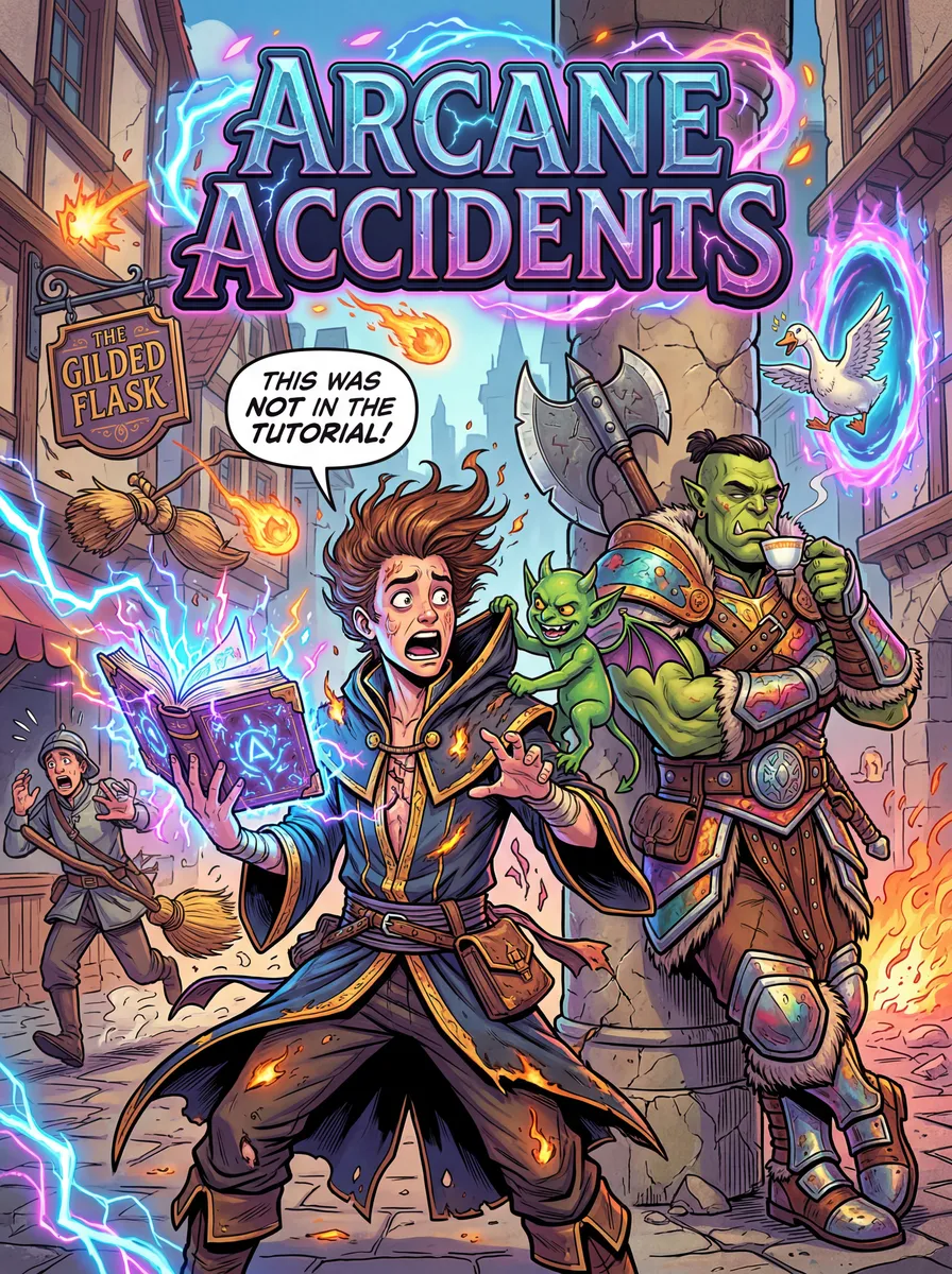 A modern fantasy comic book cover illustrated in a clean, sharp, highly textured digital-painterly style — vibrant, dynamic, and character-focused, blending the dramatic lighting and painterly realism of Arcane with the expressive exaggeration and bold energy of Hearthstone splash art. The composition is punchy, colorful, and instantly readable, with strong silhouette design and exaggerated expressions for comedic impact.
Front and center stands an utterly overwhelmed young battle-mage, robes half-buttoned and slightly singed, holding a glowing spellbook upside down as chaotic magic erupts around him. His hair is wild and wind-swept from an arcane explosion, and his wide-eyed expression screams, “This was NOT in the tutorial.” One hand crackles with unstable neon-blue lightning, while the other desperately tries to swat away a tiny floating imp that’s yanking at his hood.
Beside him, leaning casually against a cracked stone pillar, is his unimpressed companion — a towering orc barbarian in bright, over-the-top heroic armor, arms crossed, eyebrow raised, completely untouched by the magical disaster unfolding inches away. His axe rests on his shoulder, and he’s sipping tea from a comically delicate porcelain cup as fireballs whiz past. His expression reads: “I told you not to touch it.”
In the background, the fantasy city street is in shambles: a magically animated broom is aggressively chasing a terrified guard, a potion shop sign is spinning wildly after being struck by stray magic, and a portal has opened midair — but instead of something terrifying emerging, an annoyed goose is stepping through, glowing with ominous arcane energy.
The title text is bold and stylized at the top, metallic with glowing magical cracks running through it. Magical energy swirls around the lettering, interacting with the characters — sparks bouncing off armor edges and casting vibrant rim-lighting.
The color palette is saturated and playful: electric blues, hot magentas, warm oranges, and punchy emerald greens. Lighting is dramatic but crisp — strong rim lights, glowing spell effects, soft bloom around magical elements, and clean high-contrast shadows that enhance depth without muddiness. Every surface is richly textured: brushed steel armor, woven cloth fibers, glowing magical glyphs, cracked cobblestones, drifting embers, and expressive facial details rendered in high fidelity.
The overall composition is energetic and humorous, capturing a moment of magical chaos frozen at its peak — a cover that promises action, comedy, and fantasy mishaps in equal measure.
Bold, character-driven, vibrant, and mischievously epic — a modern fantasy comic cover that feels alive with motion and personality. 2:3