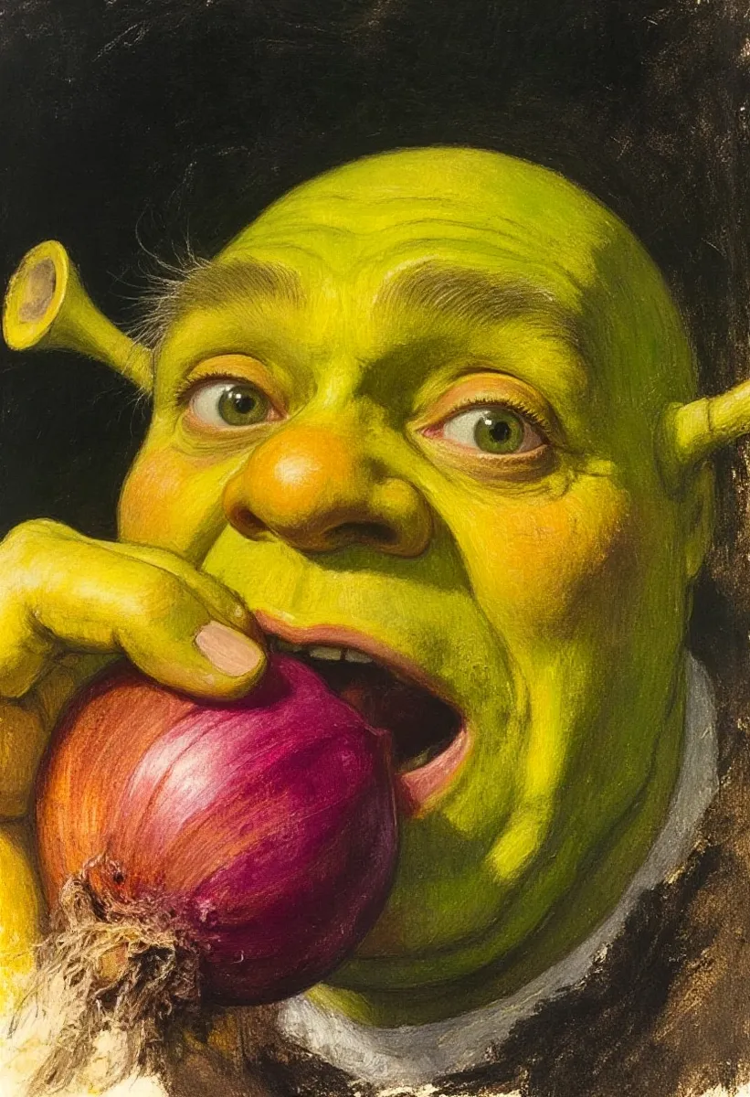 shrek, green ogre closeup biting into a juicy onion, 5 fingers
, the scene is captured in dimly lit dark fantasy but vibrant colors, with bold ink lines defining form against the watercolor wash of the aged paper