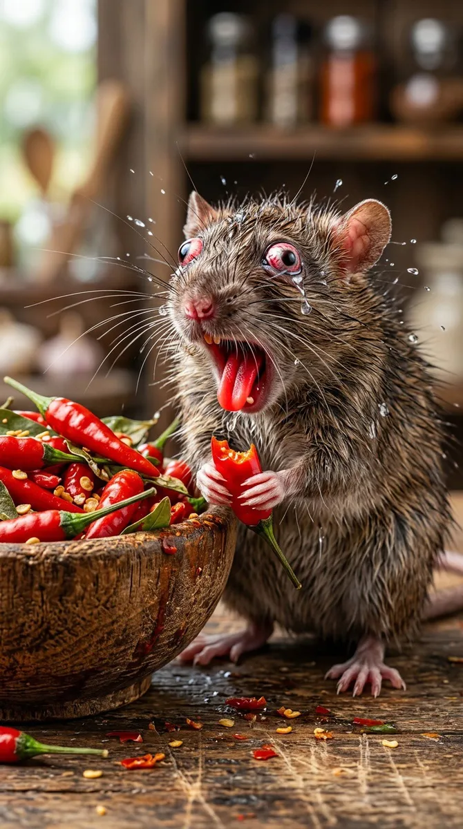 A hyper-detailed, photorealistic close-up of a small rat sitting beside a wooden bowl overflowing with bright red super-hot chilies. The rat is holding a half-eaten chili pepper in its tiny paws, mid-reaction. Its eyes are extremely blood-shot, veiny, wide, and bulging in panic. The rat’s mouth is open in a dramatic, over-the-top scream; its tongue is hanging out, glowing red from the heat. Sweat is pouring down its fur, droplets flying. Tears stream down its cheeks. Its whiskers are frazzled, its fur puffed from shock. The expression is exaggerated and comically desperate, like it just bit into the hottest pepper on Earth. Vibrant lighting, shallow depth of field, sharp texture details, hilarious chaotic energy, cinematic photorealism