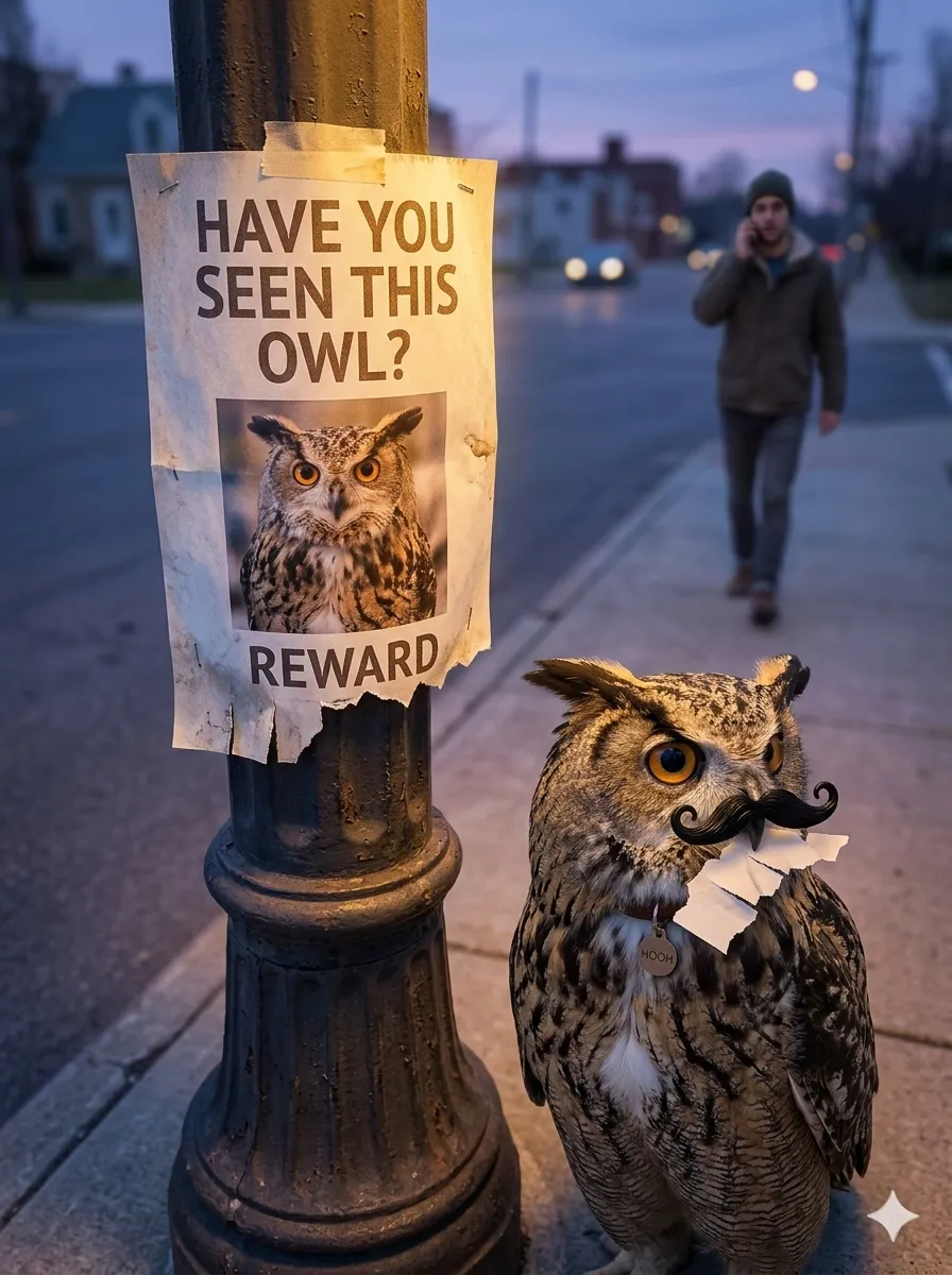On the first and second image you can see Hooh - a large pet great horned owl. I want to make another pic with this owl.



A photorealistic street scene at twilight. A single lamppost stands on a quiet corner, casting a warm orange glow on a faded paper poster stapled to it. The poster reads, in bold desperate letters: "HAVE YOU SEEN THIS OWL?" Below is a slightly blurry printed photo of Hooh looking majestic and recognizable, with the text "REWARD" and there should have been phone number - but the bottom of paper is torn away.



Standing next to the lamppost, on pavement, is Hooh herself. She wears obviously fake curly black mustache glued above her beak. She clearly believes this simple disguise makes her completely unrecognizable. In her beak - some torn paper - presumably a part of the poster. She is looking away nervously.



A pedestrian in the background, blurred, does a double-take, confused, with phone next to his ear - he clearly recognized this owl. High angle view.