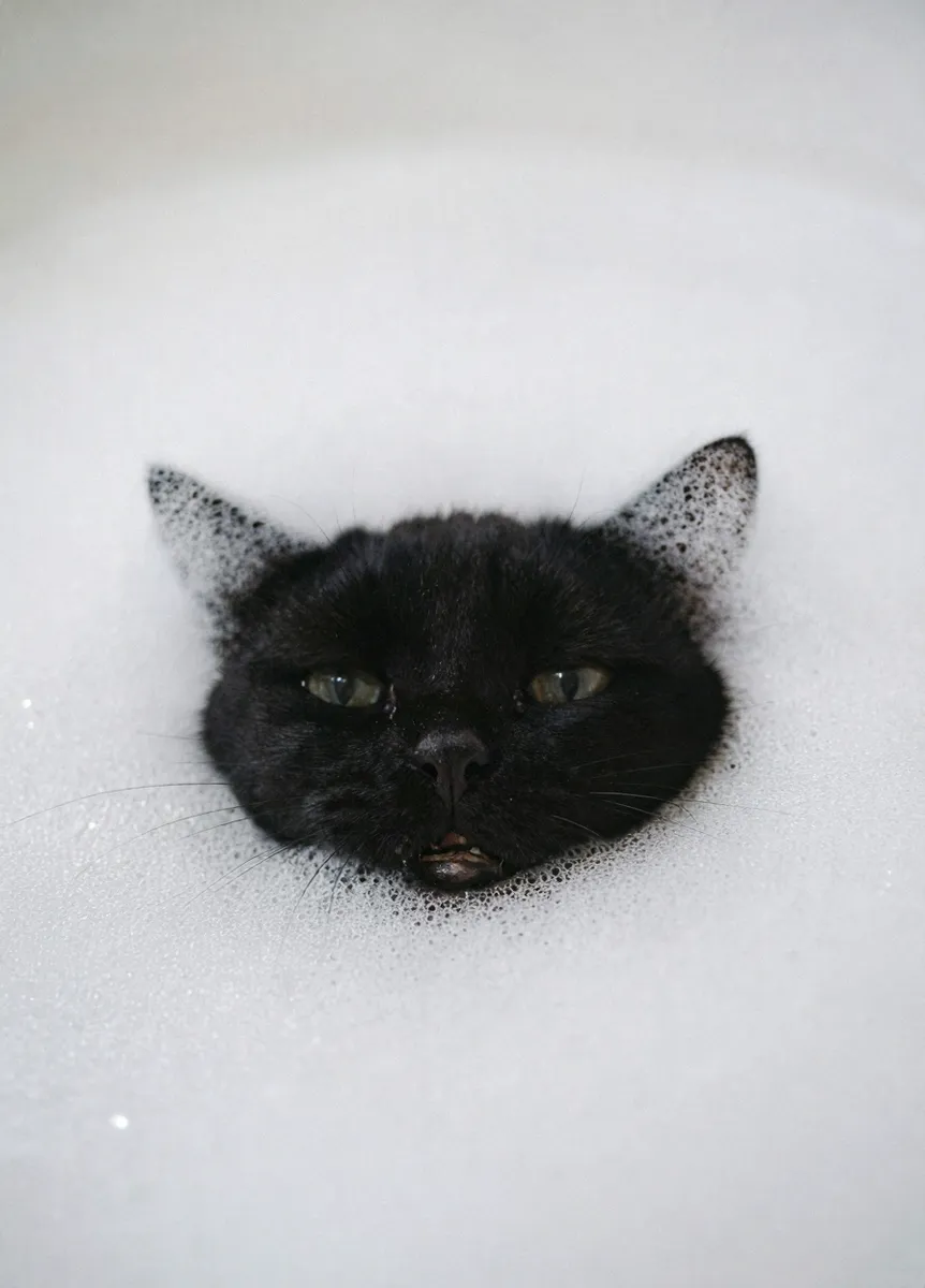 A close-up, mysterious photo of a black cat taking a bubble bath. The thick white bath bubbles cover the entire frame, with only the catâs nose and a little fur around the mouth poking out. Soft lighting, minimal background, dreamy and surreal atmosphere. The focus is sharp on the cat's nose while the rest fades into the foamy texture of the bubbles. <lora:Purple_grainy_zit:0.8>