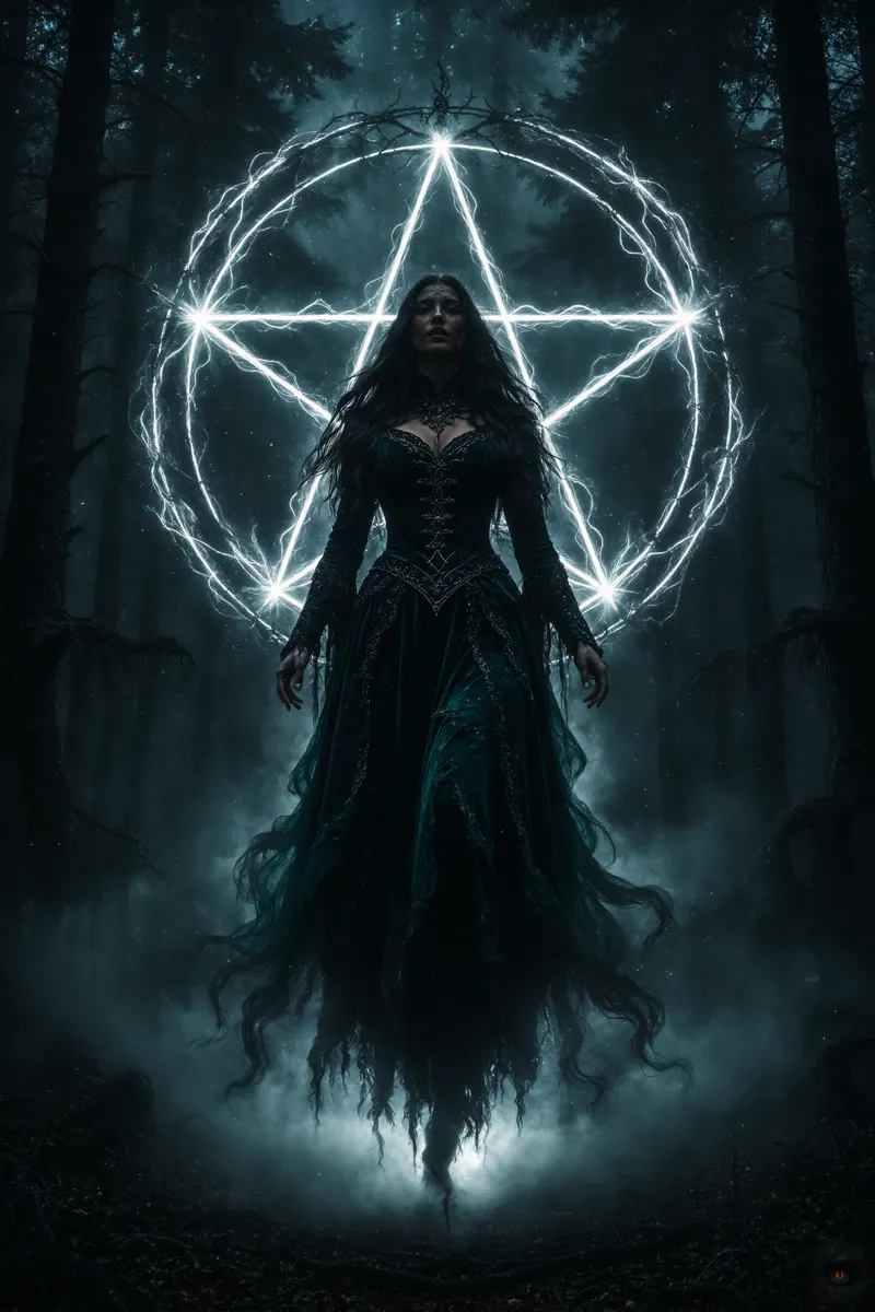A pale dark sorceress levitating in a deep forest at night, full body centered vertical composition, camera positioned slightly below eye level looking upward, her body upright and elongated, chest subtly forward, head tilted slightly back, gaze lifted into the darkness with a calm yet ominous expression, arms lowered slightly away from her body, palms open and facing down, fingers relaxed and naturally spread, long black hair flowing slowly in the cold night air, dark emerald and black medieval gown fitted at the torso with a layered flowing skirt dissolving into shadow and mist, fabric torn and drifting as if consumed by dark energy, a massive perfectly symmetrical glowing arcane circle with a pentagram aligned directly behind her body, emitting cold white and faint icy blue light with subtle flickering instability in the magical lines, thick heavy fog covering the forest floor and rising around her legs, dark tree silhouettes barely visible in the background, dense volumetric mist filling the frame, floating particles in the cold air, cinematic dark fantasy atmosphere, deep blue and charcoal color grading, very low saturation, high contrast shadows, cold moonlight faintly filtering through trees, dramatic top light combined with strong backlight creating a sharp rim light around her hair and shoulders, realistic detailed skin texture, sharp facial features, piercing cold gaze, shallow depth of field, 85mm lens, high dynamic range, ultra sharp focus, masterpiece, 8k,