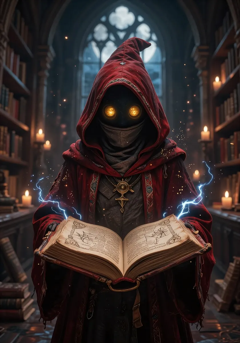 Ultra-cinematic realistic fantasy scene, vertical frame: a small hooded wizard creature with a faceless shadow-void head and two round glowing golden eyes stands in an ancient cathedral-like library, holding an open spellbook toward the camera. He wears a deep red robe and oversized pointed hat with a leather buckle, a wrapped scarf covering the lower face area, and layered trim with embroidered patterns; fabric weave, dust, and frayed edges rendered in extreme detail. The spellbook is heavy and worn with cracked leather binding, gilded page edges, ink diagrams and sigils that remain abstract and non-readable; blue-white arcane lightning and sparkling particles burst from the pages, wrapping around his sleeves and drifting into the air. Environment: towering stone arches, shelves of old books, hundreds of candles on both sides casting warm flickering light; a large gothic window behind reveals a bright full moon, cool blue moonlight mixing with warm candlelight; floating dust motes and ember-like sparks. Composition: centered character, book in the lower center foreground as focal point, strong depth with leading lines of shelves toward the window. Lighting: warm tungsten practicals + cool moon rim, high contrast, subtle bloom on magic sparks and eye glow, fine film grain, volumetric haze. Camera/optics: 35–50mm look, shallow-to-medium DOF with tack-sharp focus on book pages, robe texture and glowing eyes, background softened; HDR realism, 8k detail density