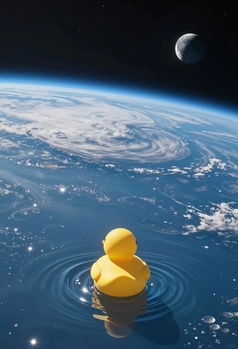 Surreal cinematic photoreal space vista of Earth from orbit with a sweeping curved horizon, bright blue oceans and swirling white cloud systems, a thin glowing atmosphere line, deep black space with a small crescent moon, in the foreground a cute yellow rubber duck seen from behind floating on a transparent water surface suspended above the planet, tiny ripples radiate from the duck and sparkling star like highlights glitter on the water, the duck casts a soft reflection and faint shadow in the ripples, ultra wide angle perspective, crisp planet detail, clean high contrast lighting, bright sunlit color palette with rich blues and whites and the saturated yellow duck, dreamy impossible scale, high resolution, sharp and majestic mood.