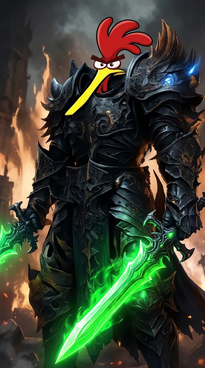 He is holding two green glowing swords- also the part marked in red needs to be fixed