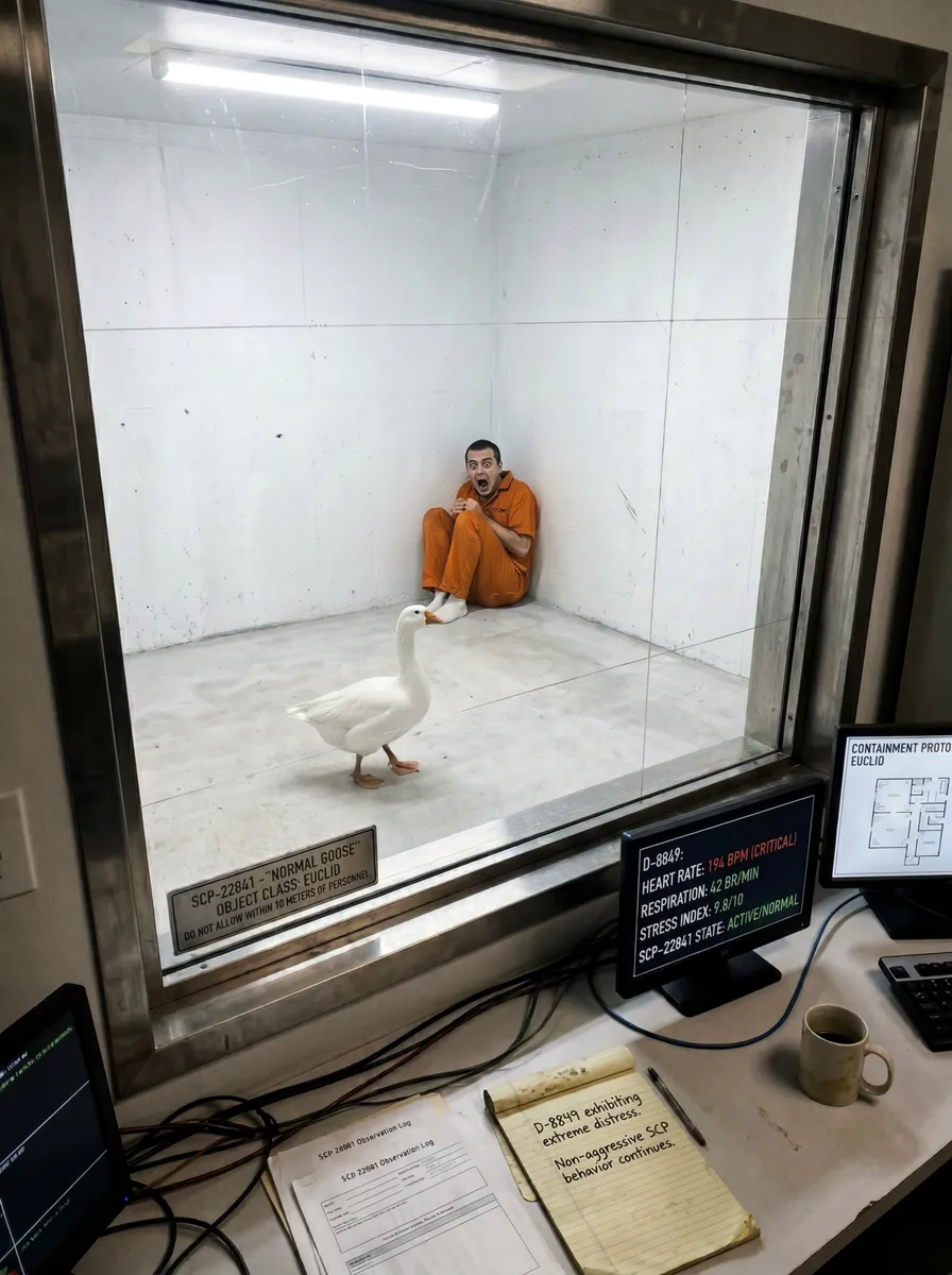 A photorealistic, clinical horror photograph taken from behind reinforced glass. The viewing perspective is from a second-floor observation window looking down into a sterile white concrete containment chamber. The room is empty except for bright overhead fluorescent lighting that casts no shadows.

In the corner of the chamber, a D-class personnel in an orange jumpsuit is pressed against the wall, his body curled in terror, mouth wide open in an inaudible scream. His eyes are locked on what approaches him.

Walking slowly, deliberately across the white floor toward the cornered man is a single, completely ordinary goose. It looks exactly like any standard domestic goose—white feathers, orange beak and legs, black eyes. Nothing about its appearance is unusual or threatening. It walks with the casual, waddling gait of a normal goose.

The man's terror is absolute, inexplicable, contagious even through the glass.



A small plaque on the observation window reads: "SCP-22841 - 'NORMAL GOOSE' | OBJECT CLASS: EUCLID | DO NOT ALLOW WITHIN 10 METERS OF PERSONNEL."



3:4 ratio, high angle view from control room/observation room, with some papers lying around, notes, and monitors showing heartbeat and other health parameters, as well as some other statistics